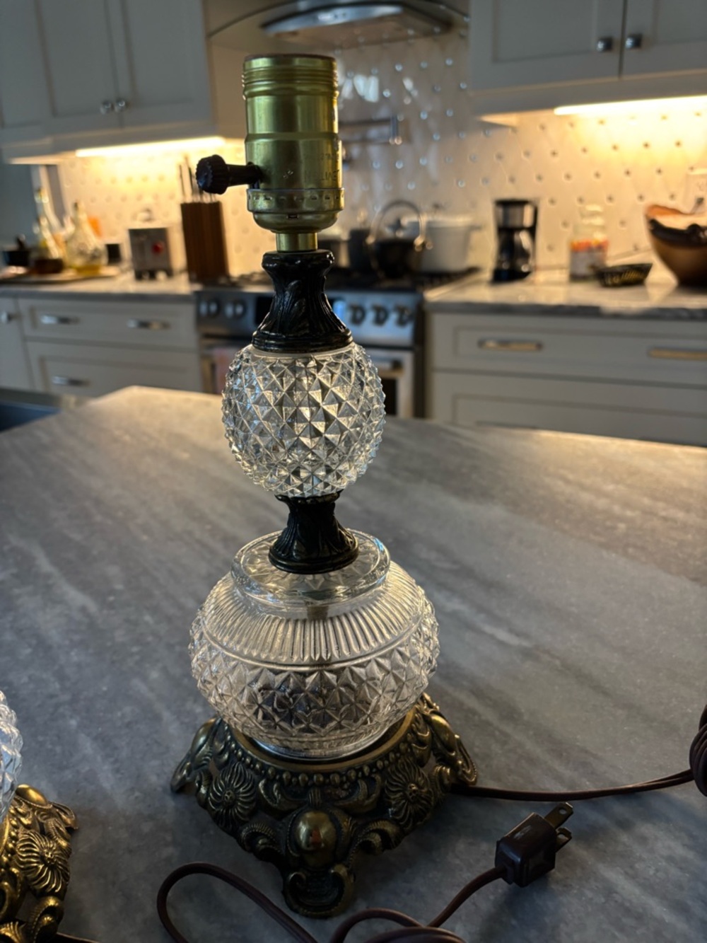 Vintage pair of 12 inch French cut glass lamps 1950s adding texture and soul